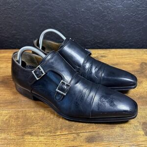 Magnanni Shoes Mens Size 8 Black Double Monk Strap‎ Cap Toe Dress Leather Formal